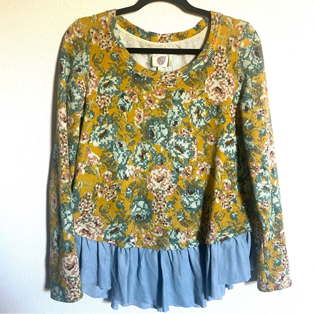 ANTHROPOLOGIE LILKA PULLOVER TOP‎ SMALL GOLDEN YELLOW FLORAL ROSE DENIM HEM